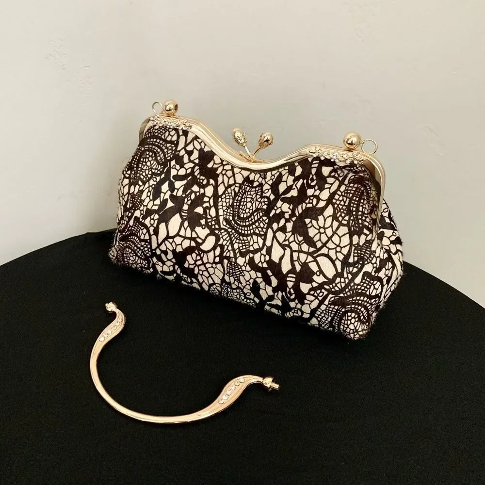 Handmade Real hair-on-horsehide Black Lace Print Kisslock Clutch/Crossbody - Picture 3 of 16